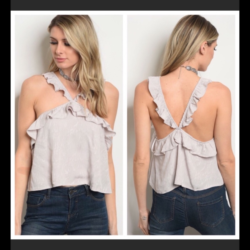 Honey Punch ruffle sleeve crop top gray silver S - Picture 3 of 6